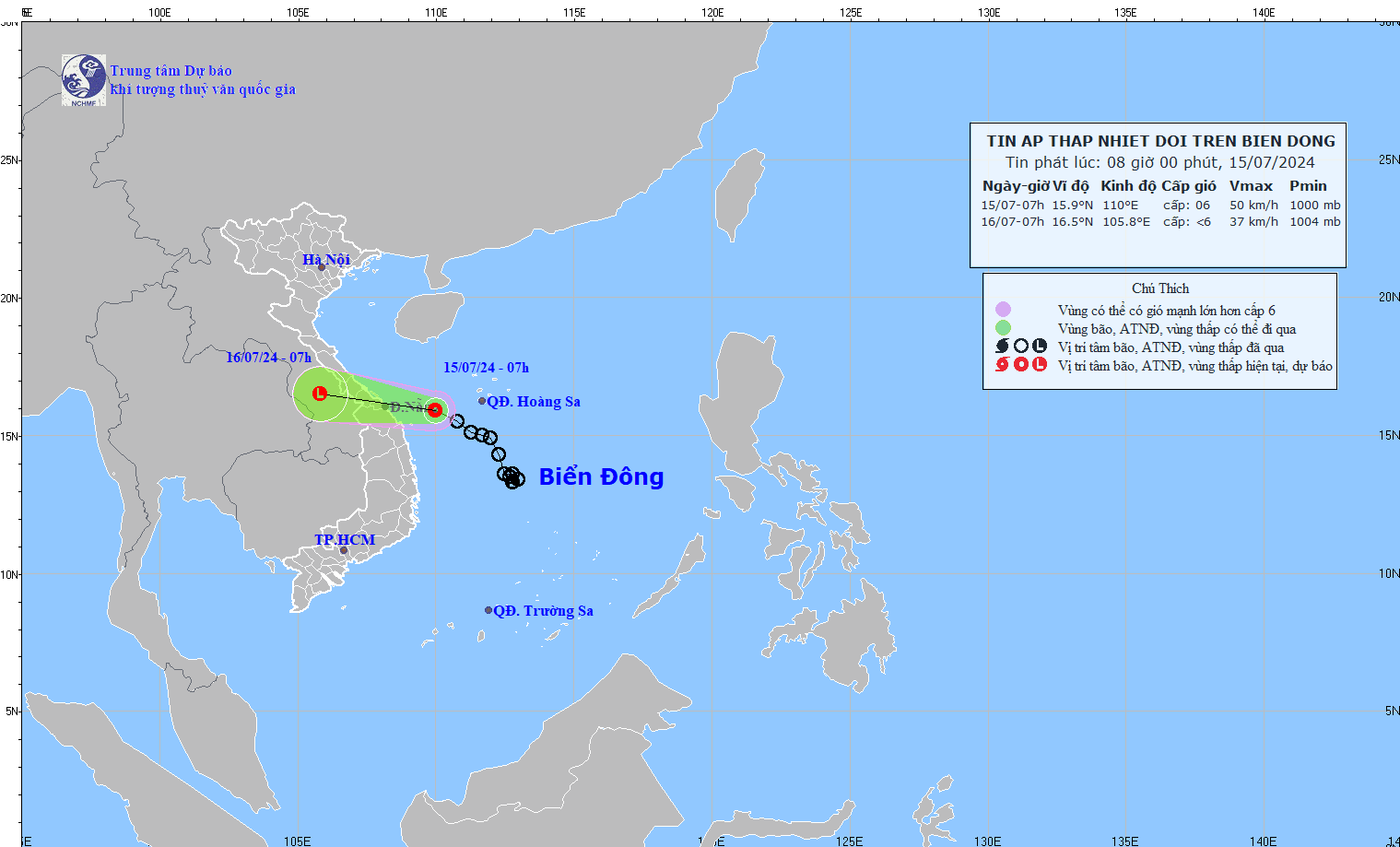 Áp thấp nhiệt đới sẽ suy yếu dần trong ngày 16/7